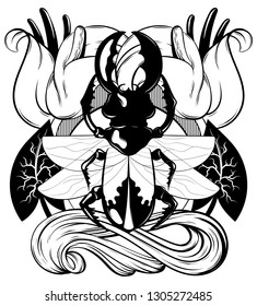 Vector hand drawn illustration of beetle with wings and flowers isolated. Creative tattoo artwork. Template for card, poster. banner, print for t-shirt, pin, badge, patch.