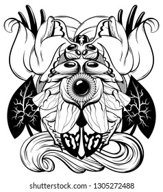 Vector hand drawn illustration of beetle with flowers isolated. Creative tattoo artwork. Template for card, poster. banner, print for t-shirt, pin, badge, patch.