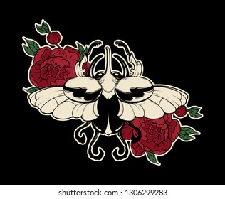 Vector hand drawn illustration of beetle with wings and flowers isolated. Creative tattoo artwork. Template for card, poster. banner, print for t-shirt, pin, badge, patch.