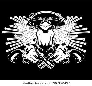 Vector hand drawn illustration of beetle with wings and guns isolated. Creative tattoo artwork. Template for card, poster. banner, print for t-shirt, pin, badge, patch.