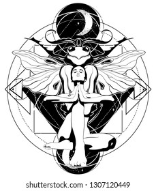 Vector hand drawn illustration of beetle with wings and naked girl isolated. Creative tattoo artwork. Template for card, poster. banner, print for t-shirt, pin, badge, patch.