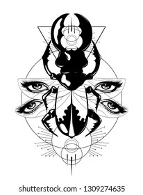 Vector hand drawn illustration of beetle with female eyes and geometrical elements isolated. Surrealistic tattoo artwork. Template for card, poster. banner, print for t-shirt, pin, badge, patch.