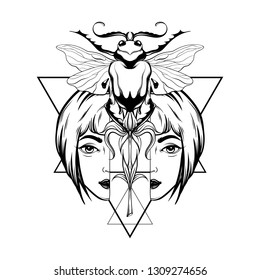 Vector hand drawn illustration of beetle with portrait of woman and triangles isolated. Surrealistic tattoo artwork. Template for card, poster. banner, print for t-shirt, pin, badge, patch.