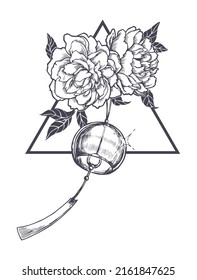 Vector hand drawn illustration with bell in flowers. Sketch with  Japanese symbols of summer for sticker or tattoo design. Furin with blooming peony isolated on white. 