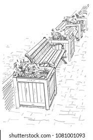 Vector hand drawn illustration with bench, flowers, pot and vase on garden, yard or street 
