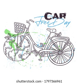 Ilustración dibujada a mano por vectores. La bicicleta con un estilo vintage con el planeta Tierra en lugar de una rueda es un símbolo de un día libre de automóviles. Objetos aislados para tu diseño.