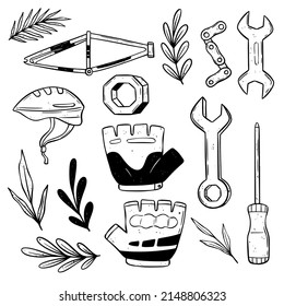 Vector hand drawn Illustration with bicycle and bicycle items. Vintage or sketch style