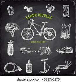 Vector hand drawn Illustration with bicycle and bicycle items. Sketch. Vintage style. Retro background. Chalkboard