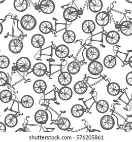 Vector hand drawn illustration with bicycle. Seamless bicycles pattern. Sport print design