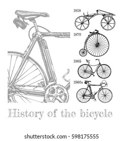 Vector hand drawn illustration of bicycle evolution set in ink hand drawn style. Types of cycles: draisine, penny-farthing, safety bicycle and modern racing bike.