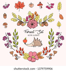Vector hand drawn illustration, big autumn forest set with cute little hedgehog drawn with colored crayons, grunge textured, sketch leaves, berries, wreath, flower frame, sketch elements for design