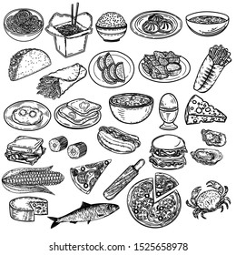 Vector hand drawn illustration of big set of food in the engraving style isolated on white background.