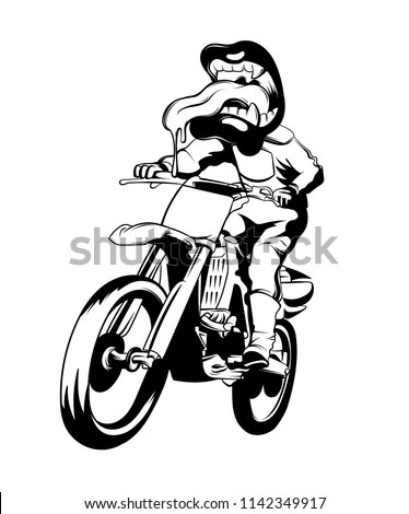 Vector hand drawn illustration of biker with human mouth instead head . Creative tattoo artwork. Template for card, poster. banner, print for t-shirt, pin, badge, patch.