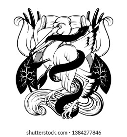 Vector hand drawn illustration of bird biting snake isolated. Creative tattoo artwork. Template for card, poster. banner, print for t-shirt, pin, badge, patch.