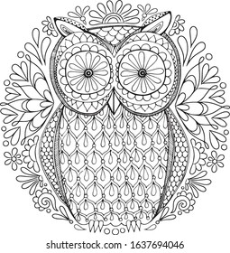 Vector hand drawn illustration, bird for coloring book. Ethnic retro illustration of owl in Forest style with flowers and leaves. Black line art on white background.
