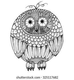 Vector hand drawn illustration, bird for coloring book. Ethnic retro illustration of owl in zentangle style with abstract elements. Black line art on white background
