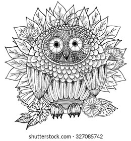 Vector hand drawn illustration, bird for coloring book. Ethnic retro illustration of owl in zentangle style with flowers and leaves. Black line art on white background.