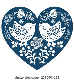 Vector hand drawn illustration of birds in folk style. Silhouettes of ornate bird kissing among branches and flowers