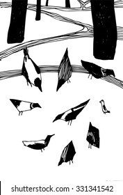 Vector hand drawn illustration with birds in park. Black and white ink sketch. White background.