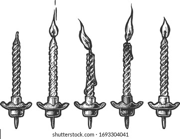 Vector hand drawn illustration of birthdays candles with and without fire in vintage engraved style. Isolated on white background.