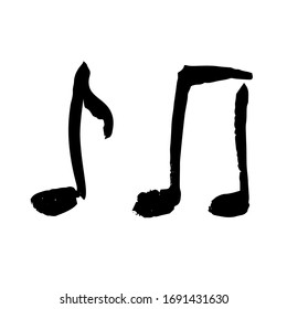 Dibujo manual vectorial de notas musicales de pincel negro aisladas en fondo blanco. Elementos de grunge texturados.