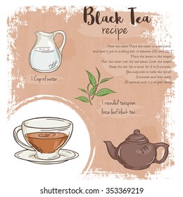 vector hand drawn illustration of black tea recipe with list of ingredients
