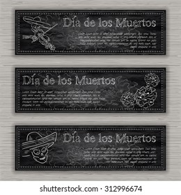 Vector hand drawn illustration of blackboard textured banner day of dead celebration with mariachi and marigold flower.