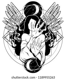 Vector hand drawn illustration of blind witch with fire and wings . Tattoo artwork with geometrical elements. Template for card, poster, banner, print for t-shirt, pin, badge, patch.