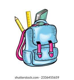 Vector hand drawn illustration of blue  school bag. Hand drawn colorful stationary bag sketch of the knapsack with pencil and ruler. Back to School and Education Concept Illustration.