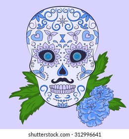 Vector hand drawn illustration of blue ornamental skull with mustache for day of dead.