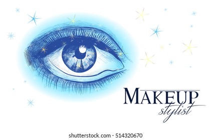 Vector hand drawn illustration of blue women eye. Concept for beauty salon, cosmetics label, cosmetology procedures, visage and makeup.
