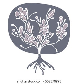 Vector hand drawn illustration, blue decorative ornamental stylized tree. graphic illustration isolated on the white background. Hand drawing silhouette. Decorative artistic abstract branch
