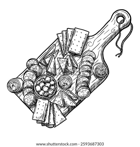 Vector hand drawn illustration of board with cheeses and cold cuts, snacks