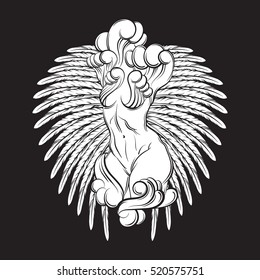 Vector hand drawn illustration of  body with waves and wings  made in realistic line cartoon style. Hand sketched artwork. Template for card banner poster print for t-shirt
