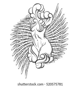 Vector hand drawn illustration of  body with waves and wings  made in realistic line cartoon style. Hand sketched artwork. Template for card banner poster print for t-shirt