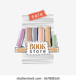 Vector hand drawn illustration for bookstore sale with books on the shelf