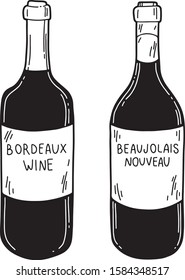 Vector hand drawn illustration of Bordeaux wine and Beaujolais Nouveau. Two bottles, template. Flat and cartoon style, isolated on white background. For menu, restaurants, cafe, market, print design.