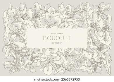 Vector hand drawn illustration with botanical elements for invitation. Background with cherry blossoms and foliage, intricate details and delicate shapes.