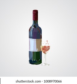 vector hand drawn illustration of bottle and glass of red wine