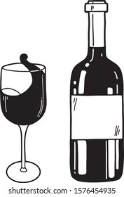 Vector hand drawn illustration of bottle and glass with wine. Flat cartoon style, isolated on white background. For print, menu, cafe, restaurant, market. 