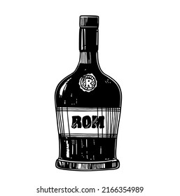 Vector hand drawn illustration of bottle of rum in ink hand drawn style. isolated on white. Hand drawn retro vector illustration. Template for bar menu design, vintage sketch on white background.