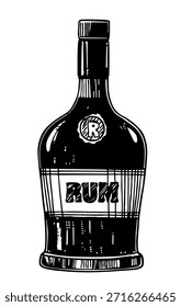 Vector dibujado a mano ilustración de botella de ron en tinta dibujado a mano estilo. aislado en blanco. Ilustración vectorial retro dibujada a mano. Plantilla para el diseño del menú de la barra, boceto vintage sobre fondo blanco.