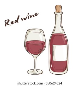 vector hand drawn illustration of bottle and glass of red wine