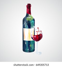vector hand drawn illustration of bottle and glass of red wine