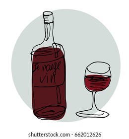 Vector Hand Drawn Illustration. A Bottle Of Red Wine and Glasses Of Wine. Paris Theme. Sketch.