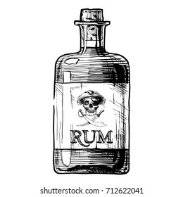 Vector Hand Drawn Illustration Of Bottle Of Rum In Ink Hand Drawn Style. Isolated On White. 