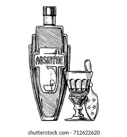 Vector hand drawn illustration of bottle of Absinthe with absinthiana in ink hand drawn style. isolated on white. 