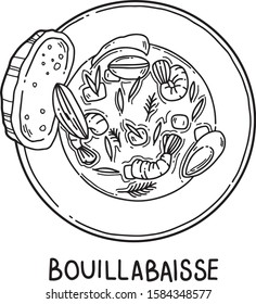 Vector hand drawn illustration of Bouillabaisse. French cuisine, traditional dish. Flat and cartoon style, isolated on white background. For menu, restaurants, cafe, market, print design.