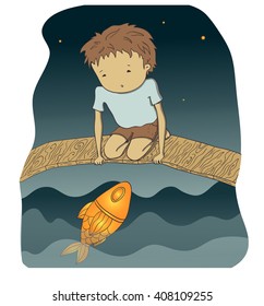 Vector hand drawn illustration. Boy who found a Golden Fish