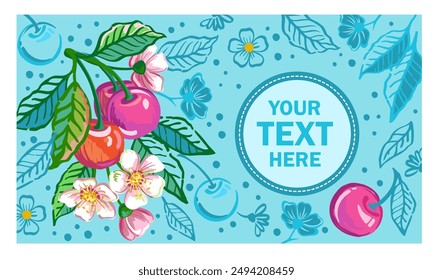 Vector hand drawn illustration of branch with red cherries, flower and leaves. Illustrations of bright ripe fruits for package design